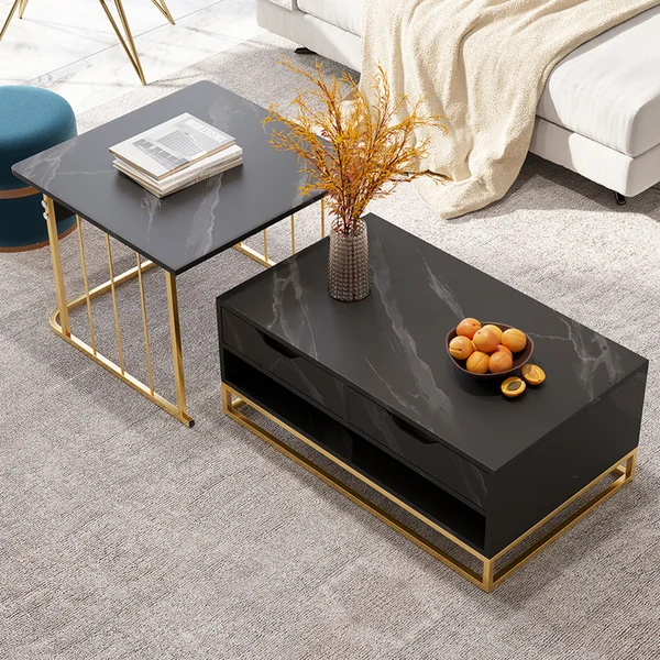 Modern Nesting Coffee Table Set of 2 in Black with Drawers & Shelves