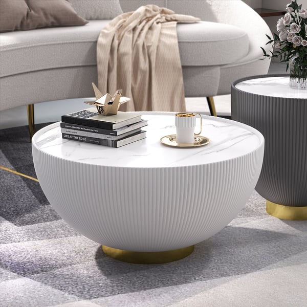 Modern Beige Drum Coffee Table Sintered Stone Round PU-Leather Accent Table in Gold