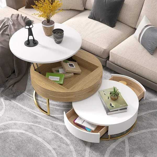 White Modern Square Coffee Table with Drawers Tempered Glass Top & Metal Legs