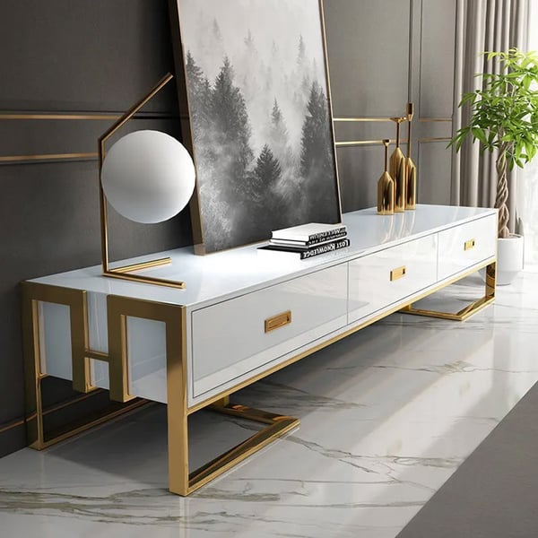 79" Modern Jocise White & Gold TV Stand 3 Drawers Media Console