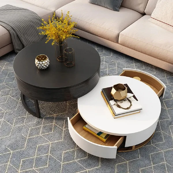 Nesnesis Modern Round Lift-top Nesting Wood Coffee Table with Drawers White & Black