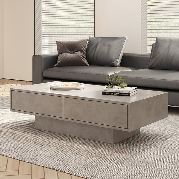 Japandi Rectangle Concrete Gray Coffee Table with 2 Drawers & Open Storage