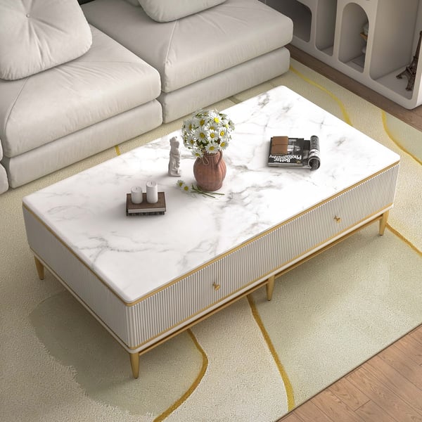 Bline 51" White Faux Marble Rectangle Coffee Table in Gold with Storage 4 Drawers