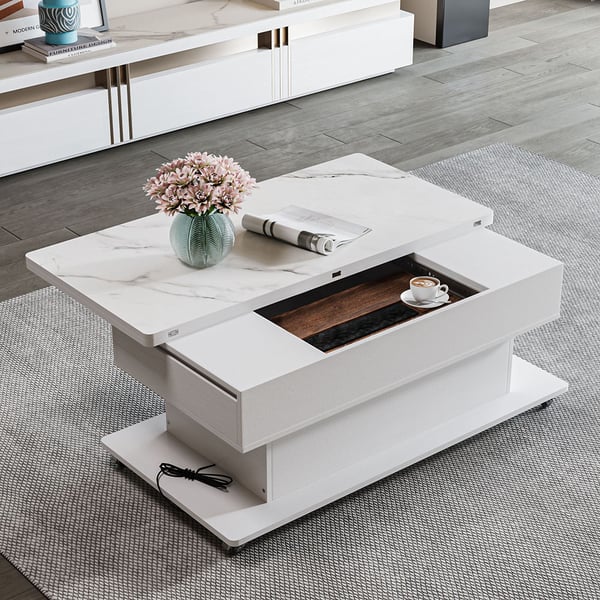 Modern White Power Lift Height Multifunctional Coffee Table Extendable 2 Drawers USB