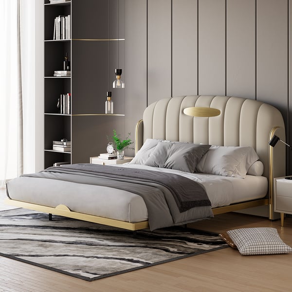 Modern Floating King Bed Faux Leather Upholstery & Gold Carbon Steel Frame