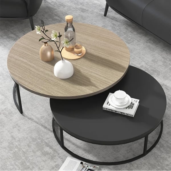 Modern Round Nesting 2-Piece Extendable Gray & Black Living Room Accent Coffee Table