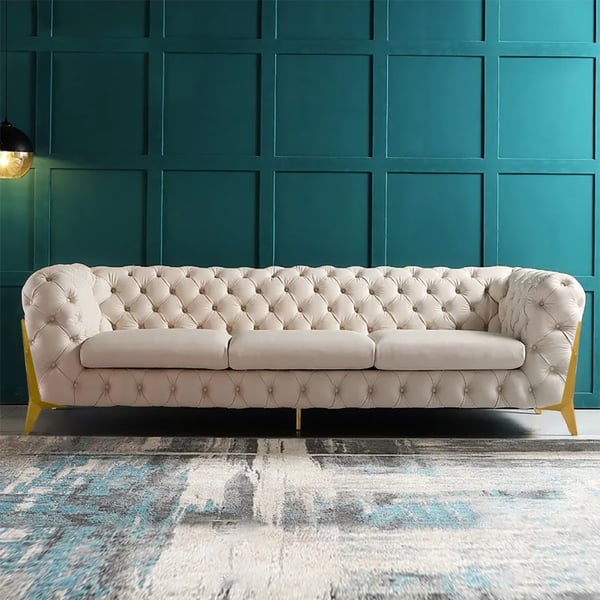 91" Beige Modern Chesterfield Sofa 3-Seater Button Tufted Velvet