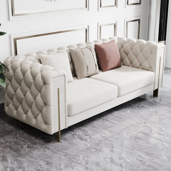 Taree 86.6" Modern Velvet Upholstered Sofa 2-Seater Sofa White Tufted Sofa