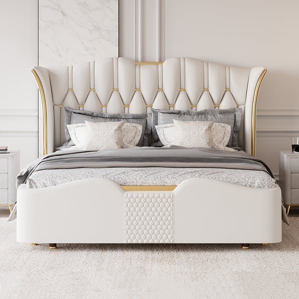 Modern Off-White Upholstered Tufted King Bed with Wingback Headboard