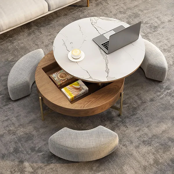 Modern Round Lift-Top Coffee Table Set with Storage & 3 Ottomans White & Walnut