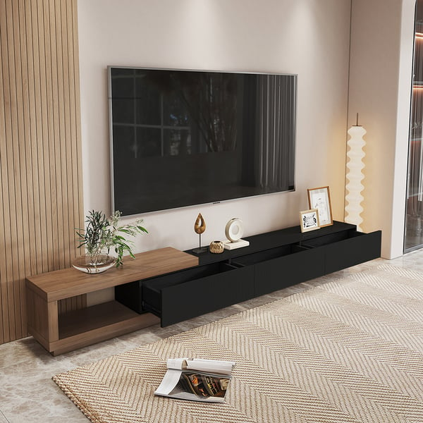 Quoint 100.4" Modern TV Stand Retracted & Extendable 3-Drawer Media Console Walnut